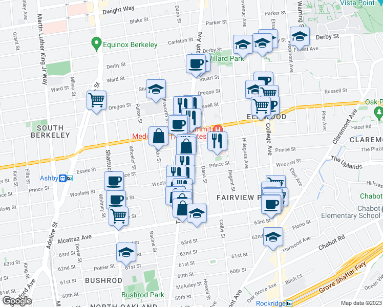 map of restaurants, bars, coffee shops, grocery stores, and more near 2421 Prince Street in Berkeley