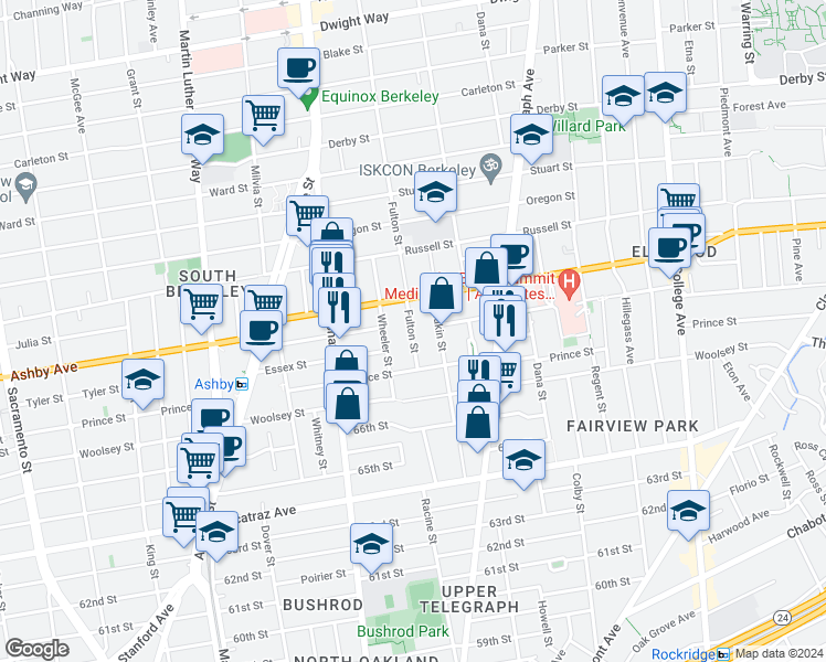 map of restaurants, bars, coffee shops, grocery stores, and more near 3046 Fulton Street in Berkeley