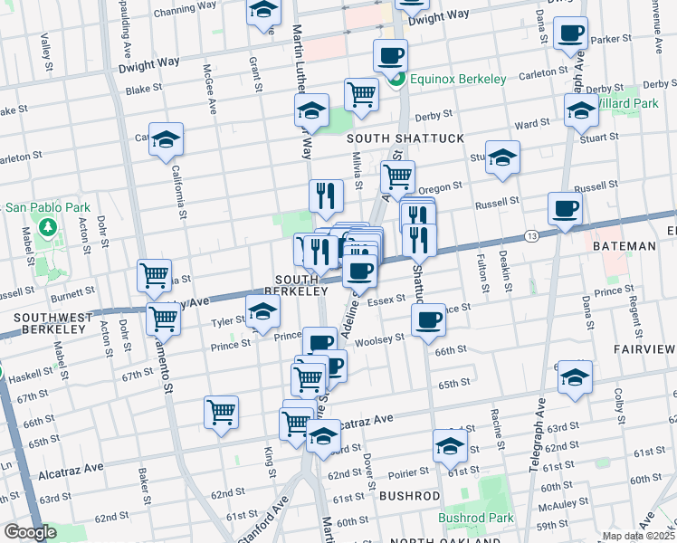 map of restaurants, bars, coffee shops, grocery stores, and more near 3031 Adeline Street in Berkeley