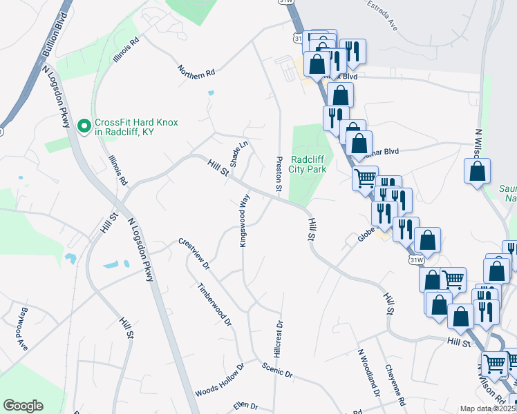 map of restaurants, bars, coffee shops, grocery stores, and more near 1360 Bramblett Boulevard in Radcliff