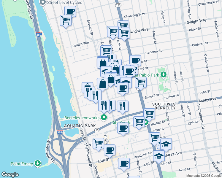 map of restaurants, bars, coffee shops, grocery stores, and more near 2843 Seventh Street in Berkeley