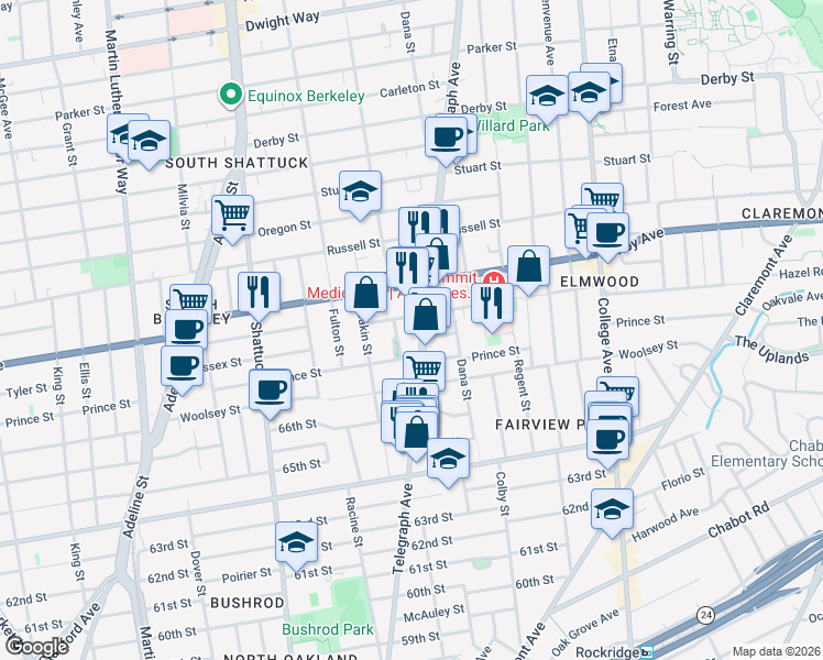 map of restaurants, bars, coffee shops, grocery stores, and more near 3030 Telegraph Avenue in Berkeley