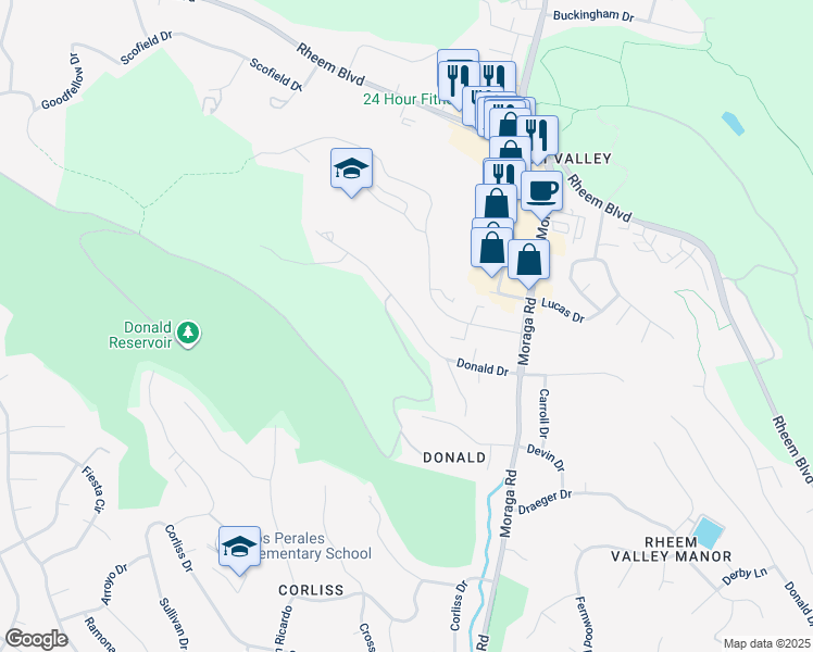map of restaurants, bars, coffee shops, grocery stores, and more near 2050 Donald Drive in Moraga