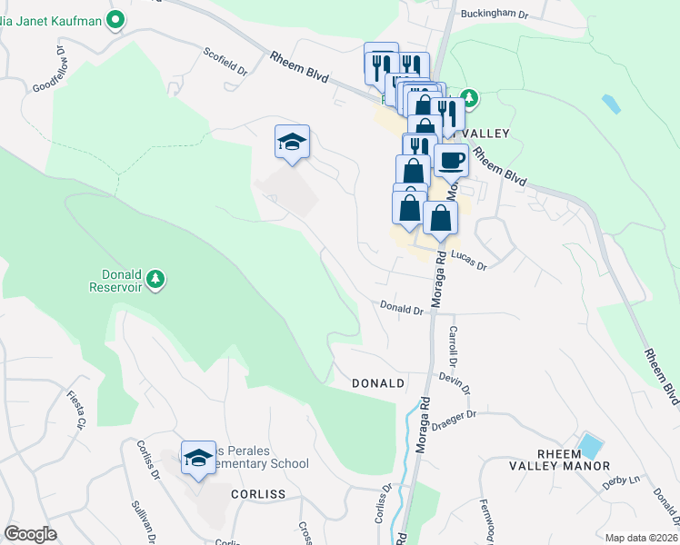 map of restaurants, bars, coffee shops, grocery stores, and more near 2050 Donald Drive in Moraga