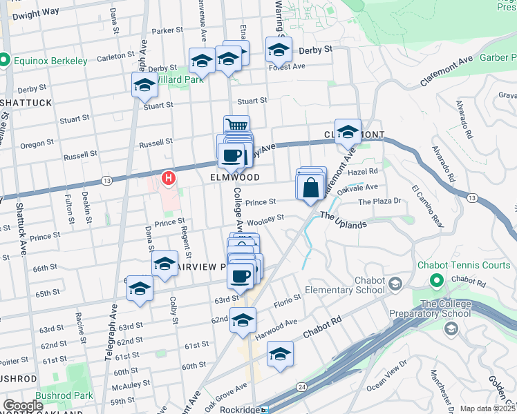 map of restaurants, bars, coffee shops, grocery stores, and more near 2722 Prince Street in Berkeley