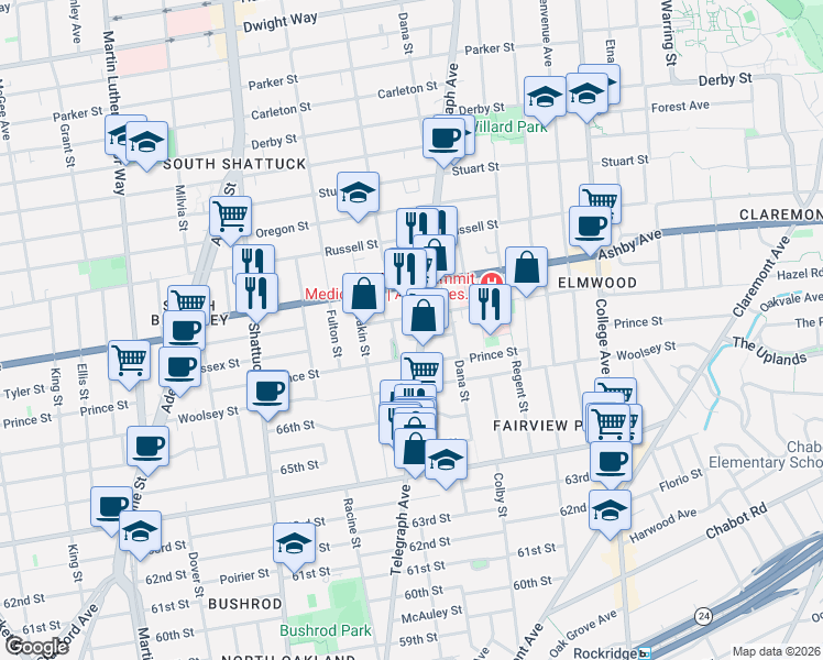 map of restaurants, bars, coffee shops, grocery stores, and more near 3030 Telegraph Avenue in Berkeley