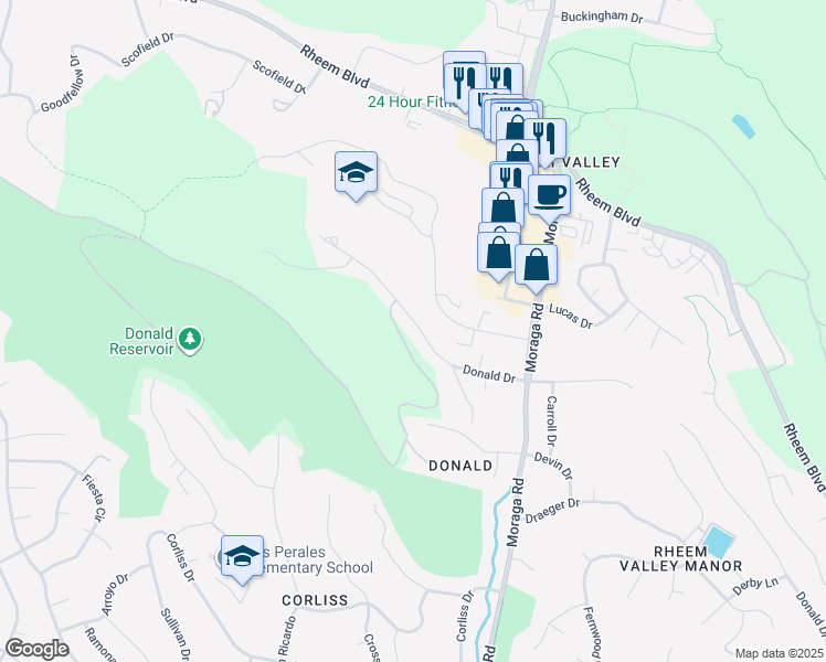 map of restaurants, bars, coffee shops, grocery stores, and more near 2048 Donald Drive in Moraga