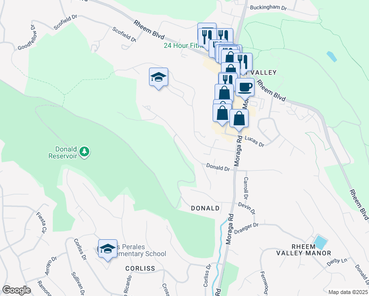 map of restaurants, bars, coffee shops, grocery stores, and more near 2048 Donald Drive in Moraga