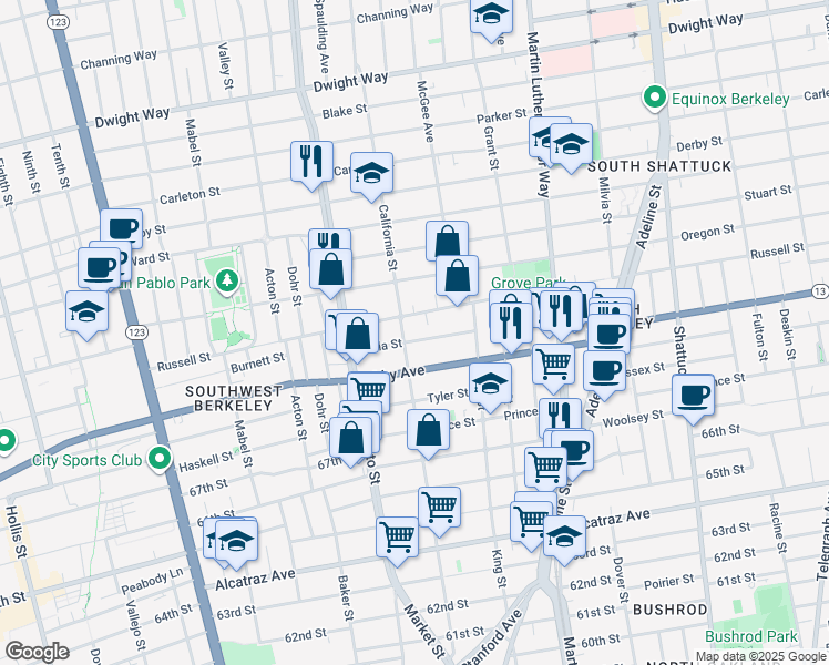 map of restaurants, bars, coffee shops, grocery stores, and more near 1611 Julia Street in Berkeley