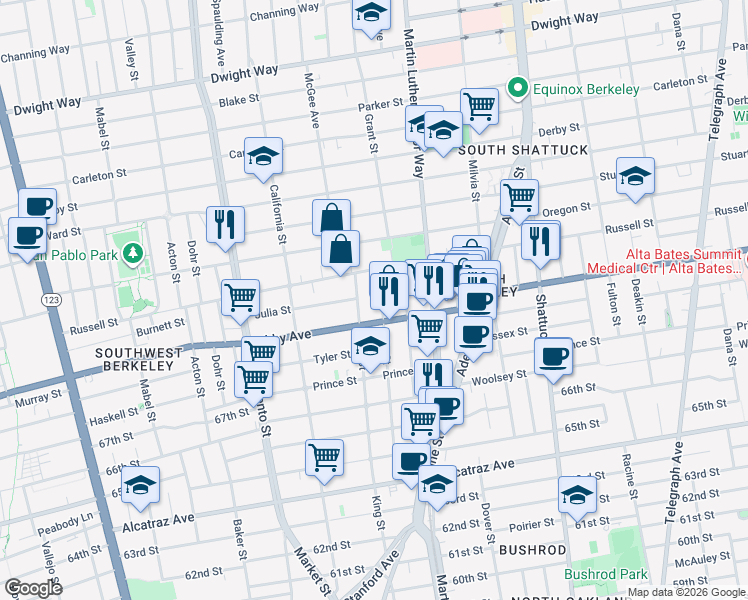 map of restaurants, bars, coffee shops, grocery stores, and more near 2926 Ellis Street in Berkeley