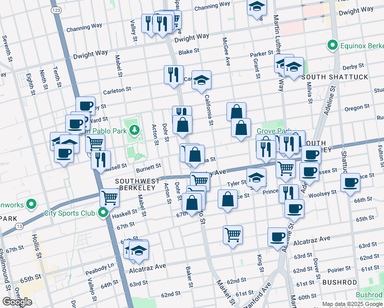 map of restaurants, bars, coffee shops, grocery stores, and more near 2903 Sacramento Street in Berkeley