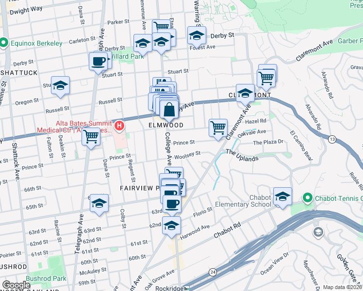 map of restaurants, bars, coffee shops, grocery stores, and more near 2722 Prince Street in Berkeley