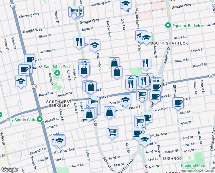 map of restaurants, bars, coffee shops, grocery stores, and more near 1619 Julia Street in Berkeley