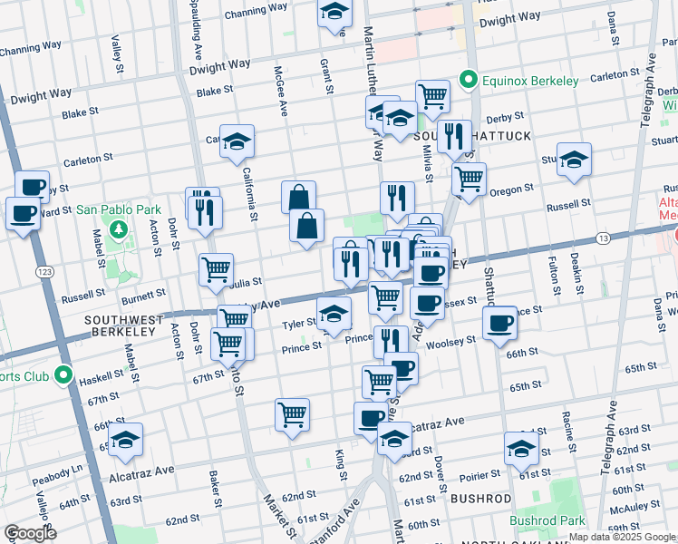 map of restaurants, bars, coffee shops, grocery stores, and more near 2926 Ellis Street in Berkeley