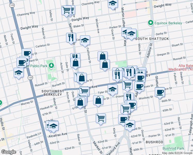 map of restaurants, bars, coffee shops, grocery stores, and more near 1619 Julia Street in Berkeley