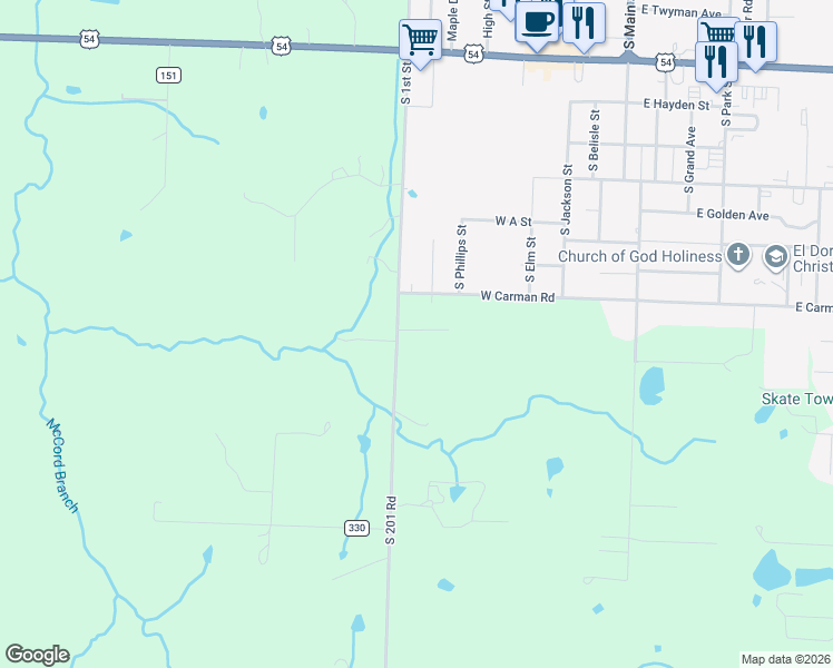 map of restaurants, bars, coffee shops, grocery stores, and more near 3081 South 201 Road in El Dorado Springs