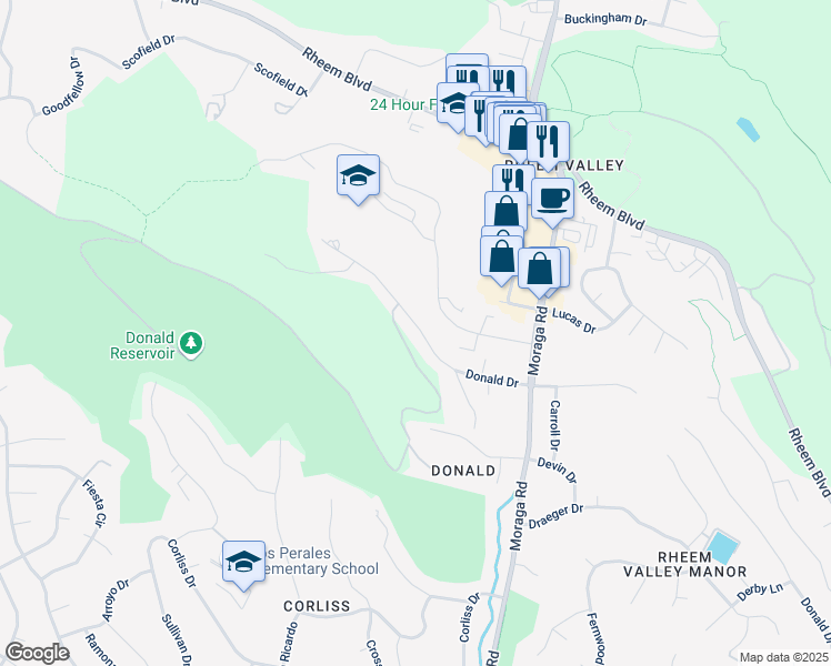 map of restaurants, bars, coffee shops, grocery stores, and more near 2019 Donald Drive in Moraga