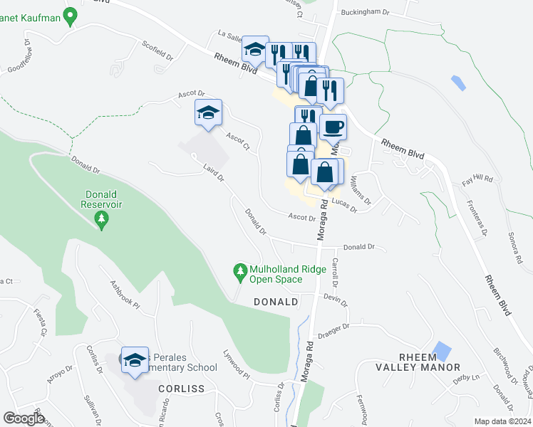 map of restaurants, bars, coffee shops, grocery stores, and more near 2067 Ascot Drive in Moraga