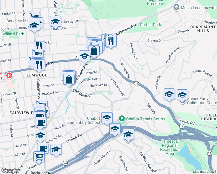 map of restaurants, bars, coffee shops, grocery stores, and more near 50 El Camino Real in Berkeley