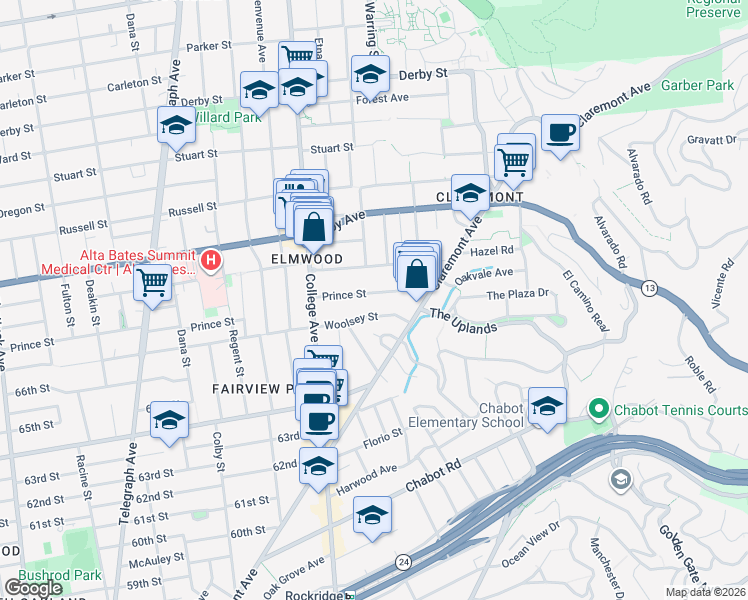 map of restaurants, bars, coffee shops, grocery stores, and more near 2763 Prince Street in Berkeley