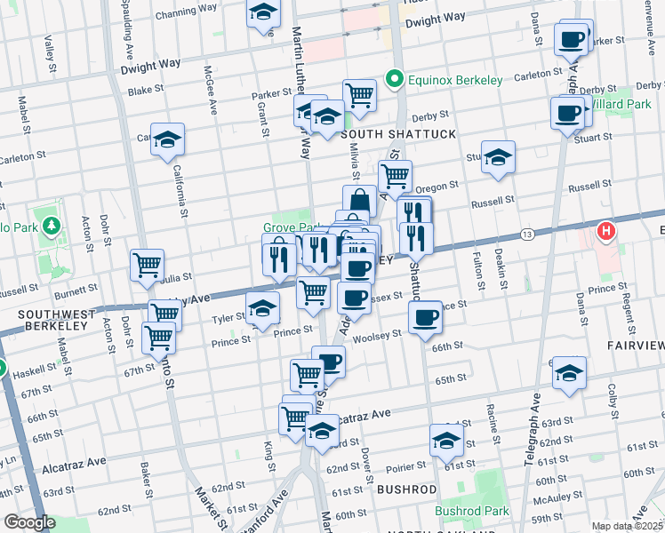 map of restaurants, bars, coffee shops, grocery stores, and more near 2917 Martin Luther King Junior Way in Berkeley