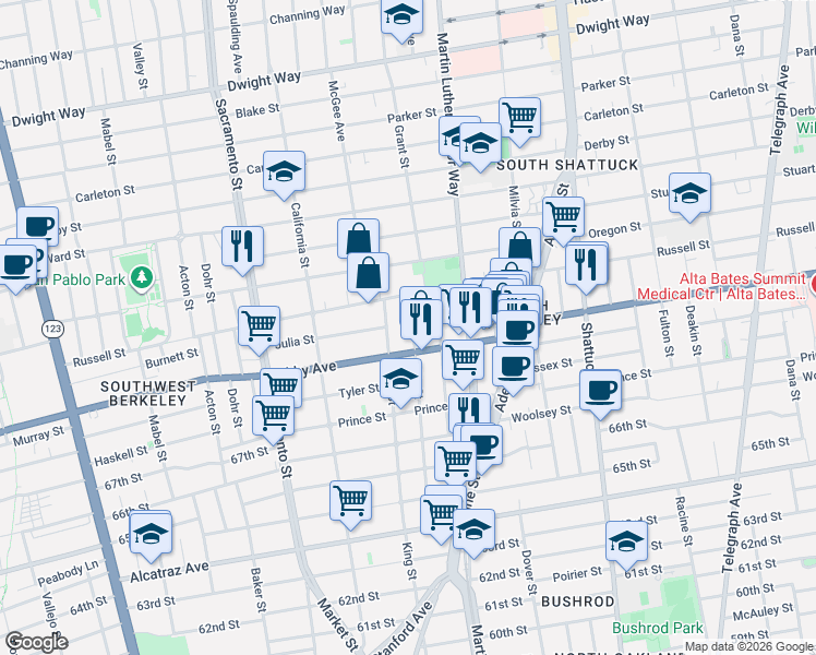 map of restaurants, bars, coffee shops, grocery stores, and more near in Berkeley