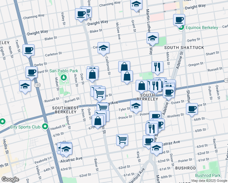 map of restaurants, bars, coffee shops, grocery stores, and more near 1603 Russell Street in Berkeley
