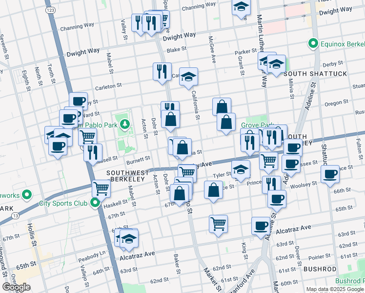 map of restaurants, bars, coffee shops, grocery stores, and more near 1525 Russell Street in Berkeley