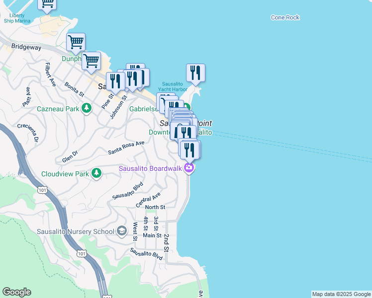 map of restaurants, bars, coffee shops, grocery stores, and more near 690 Bridgeway in Sausalito