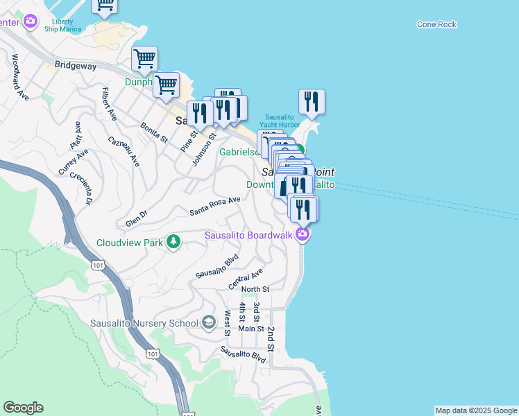 map of restaurants, bars, coffee shops, grocery stores, and more near 98 Harrison Avenue in Sausalito