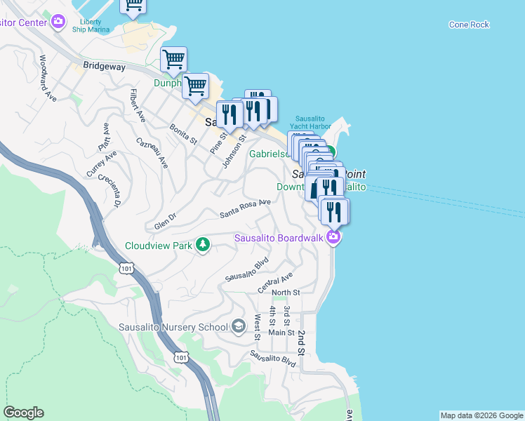 map of restaurants, bars, coffee shops, grocery stores, and more near 46 Santa Rosa Avenue in Sausalito