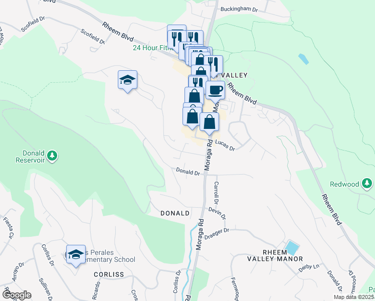 map of restaurants, bars, coffee shops, grocery stores, and more near in Moraga