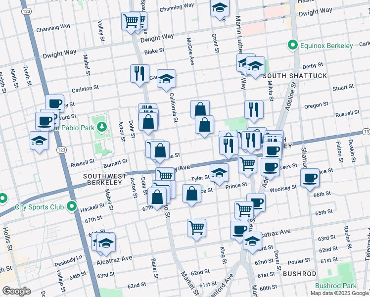 map of restaurants, bars, coffee shops, grocery stores, and more near 1611 Julia Street in Berkeley