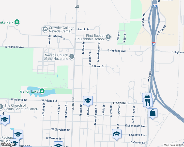 map of restaurants, bars, coffee shops, grocery stores, and more near 103 West Grand Avenue in Nevada