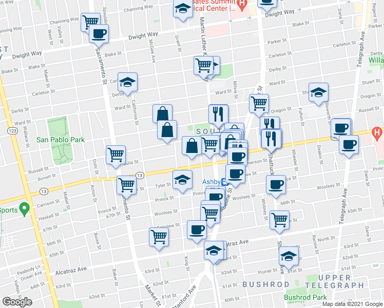 map of restaurants, bars, coffee shops, grocery stores, and more near in Berkeley