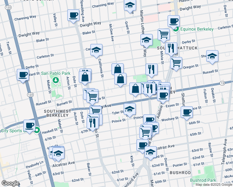 map of restaurants, bars, coffee shops, grocery stores, and more near 1638 Russell Street in Berkeley