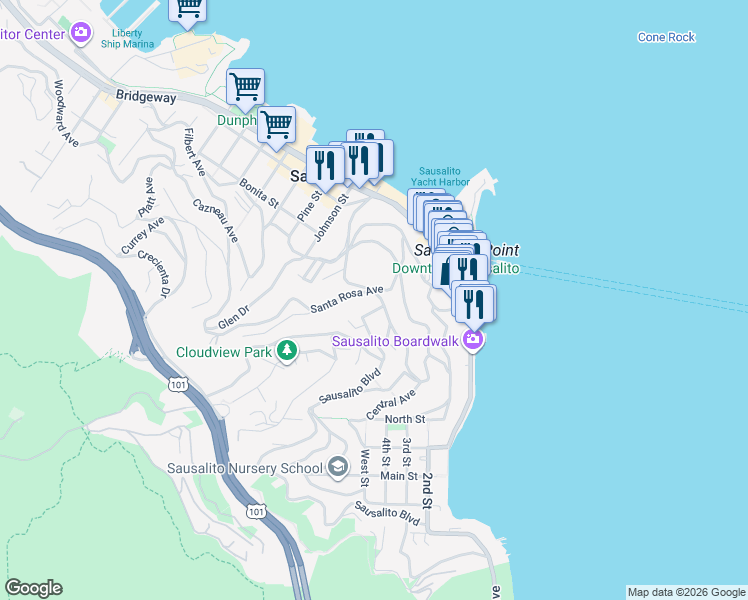 map of restaurants, bars, coffee shops, grocery stores, and more near 46 Santa Rosa Avenue in Sausalito