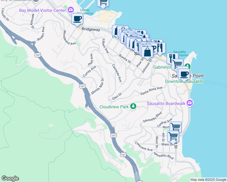 map of restaurants, bars, coffee shops, grocery stores, and more near 61 George Lane in Sausalito