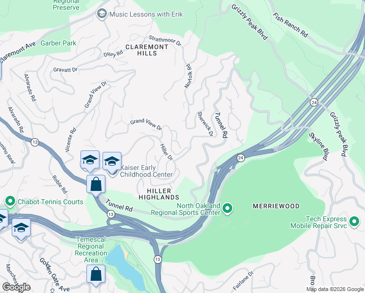 map of restaurants, bars, coffee shops, grocery stores, and more near 9 Clipper Hill in Oakland
