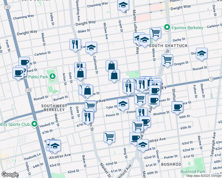 map of restaurants, bars, coffee shops, grocery stores, and more near 1635 Julia Street in Berkeley