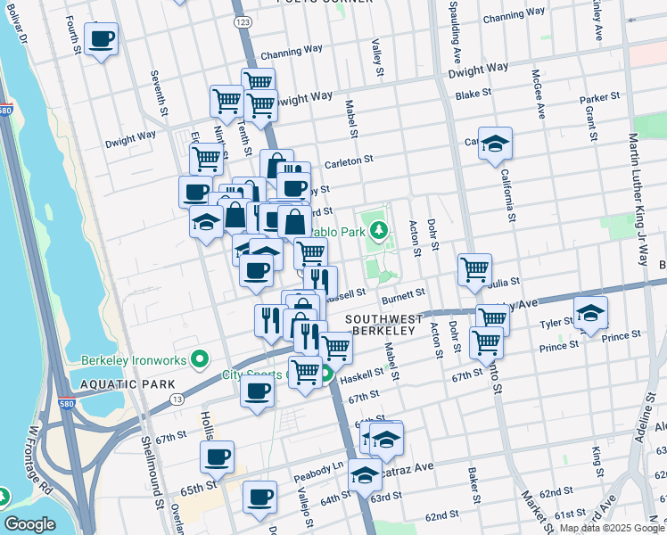 map of restaurants, bars, coffee shops, grocery stores, and more near 1206 Oregon Street in Berkeley