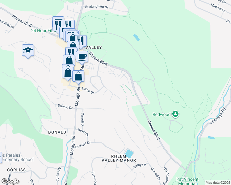 map of restaurants, bars, coffee shops, grocery stores, and more near 45 Williams Drive in Moraga