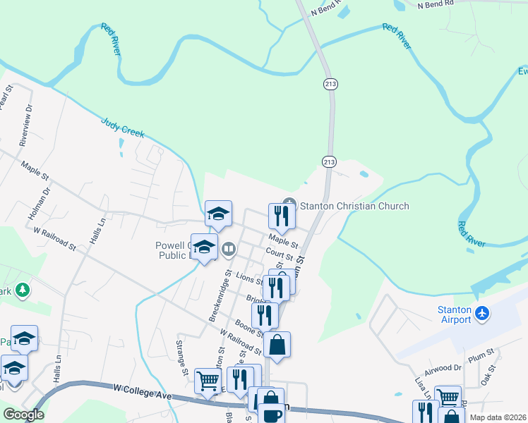 map of restaurants, bars, coffee shops, grocery stores, and more near 168 West Church Street in Stanton