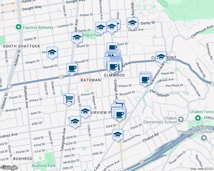 map of restaurants, bars, coffee shops, grocery stores, and more near 3011 Hillegass Avenue in Berkeley