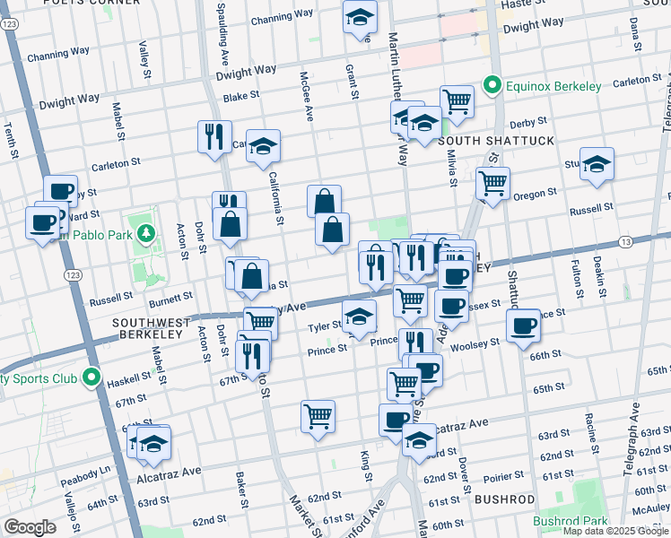 map of restaurants, bars, coffee shops, grocery stores, and more near 1638 Russell Street in Berkeley