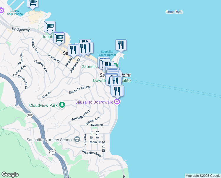 map of restaurants, bars, coffee shops, grocery stores, and more near 690 Bridgeway in Sausalito