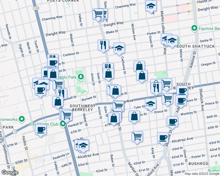 map of restaurants, bars, coffee shops, grocery stores, and more near 2815 Stanton Street in Berkeley
