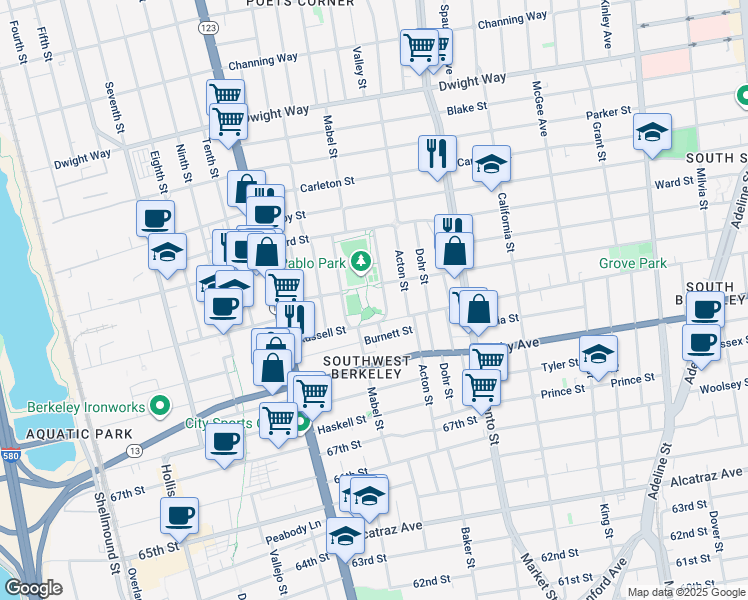 map of restaurants, bars, coffee shops, grocery stores, and more near 2800 Park Street in Berkeley