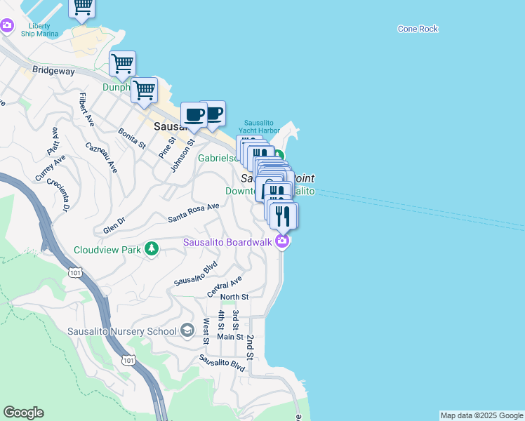 map of restaurants, bars, coffee shops, grocery stores, and more near 104 Bulkley Avenue in Sausalito