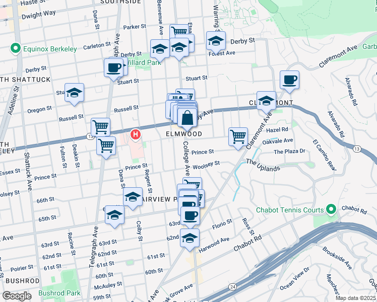 map of restaurants, bars, coffee shops, grocery stores, and more near 2701 Prince Street in Berkeley